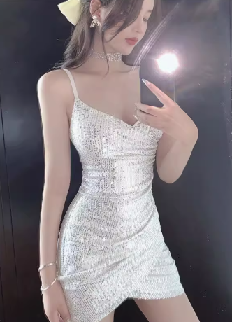 Glow Sequin Design Party Short Skirt Asymmetrical Hem Hugging Short Dress AP0544