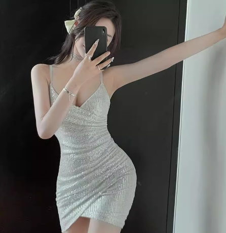 Glow Sequin Design Party Short Skirt Asymmetrical Hem Hugging Short Dress AP0544