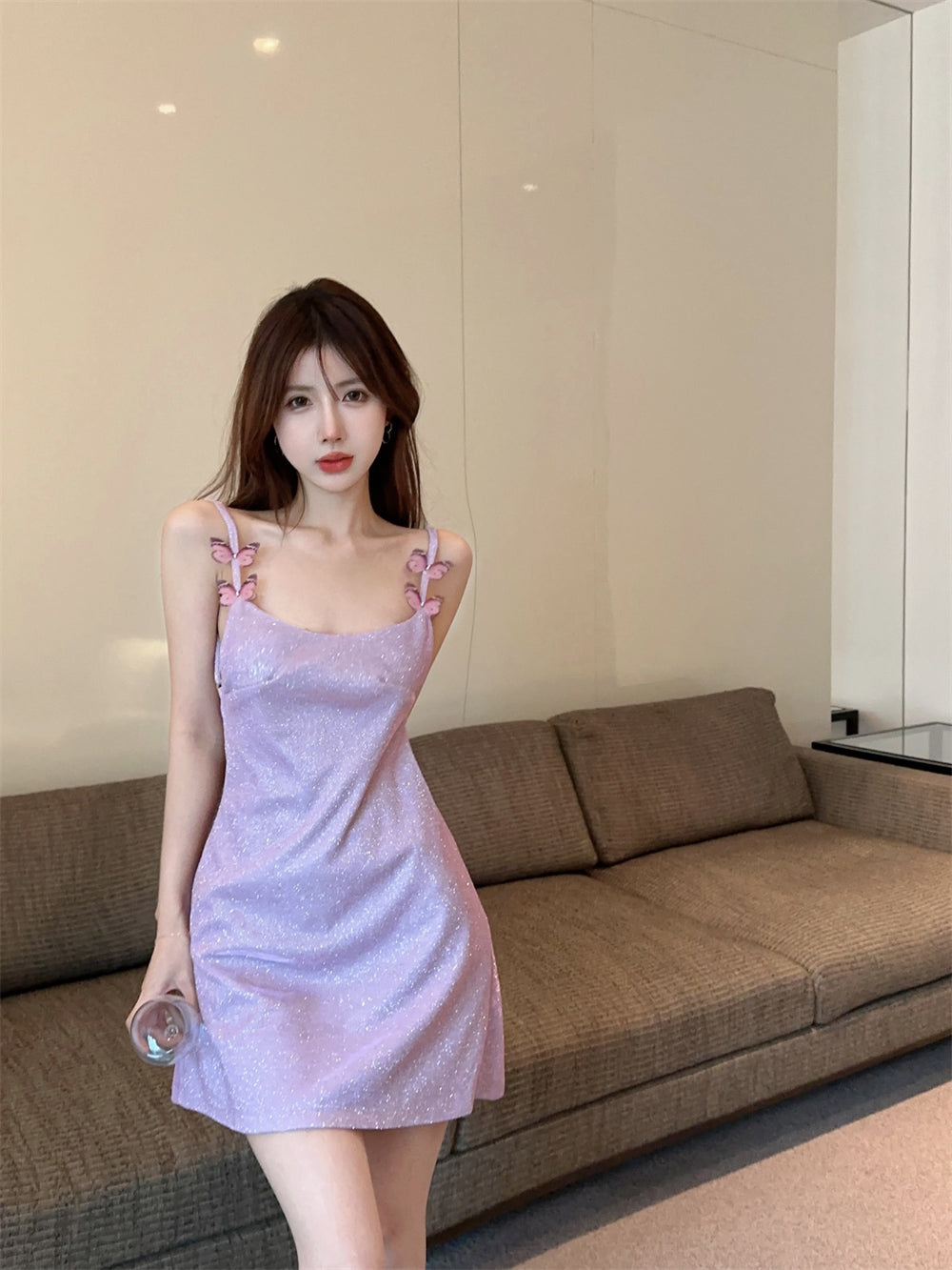 Butterflies Design Glow Fabric Short Skirt Alluring Fitting Hugging Short Dress AP0545