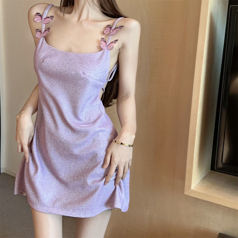 Butterflies Design Glow Fabric Short Skirt Alluring Fitting Hugging Short Dress AP0545