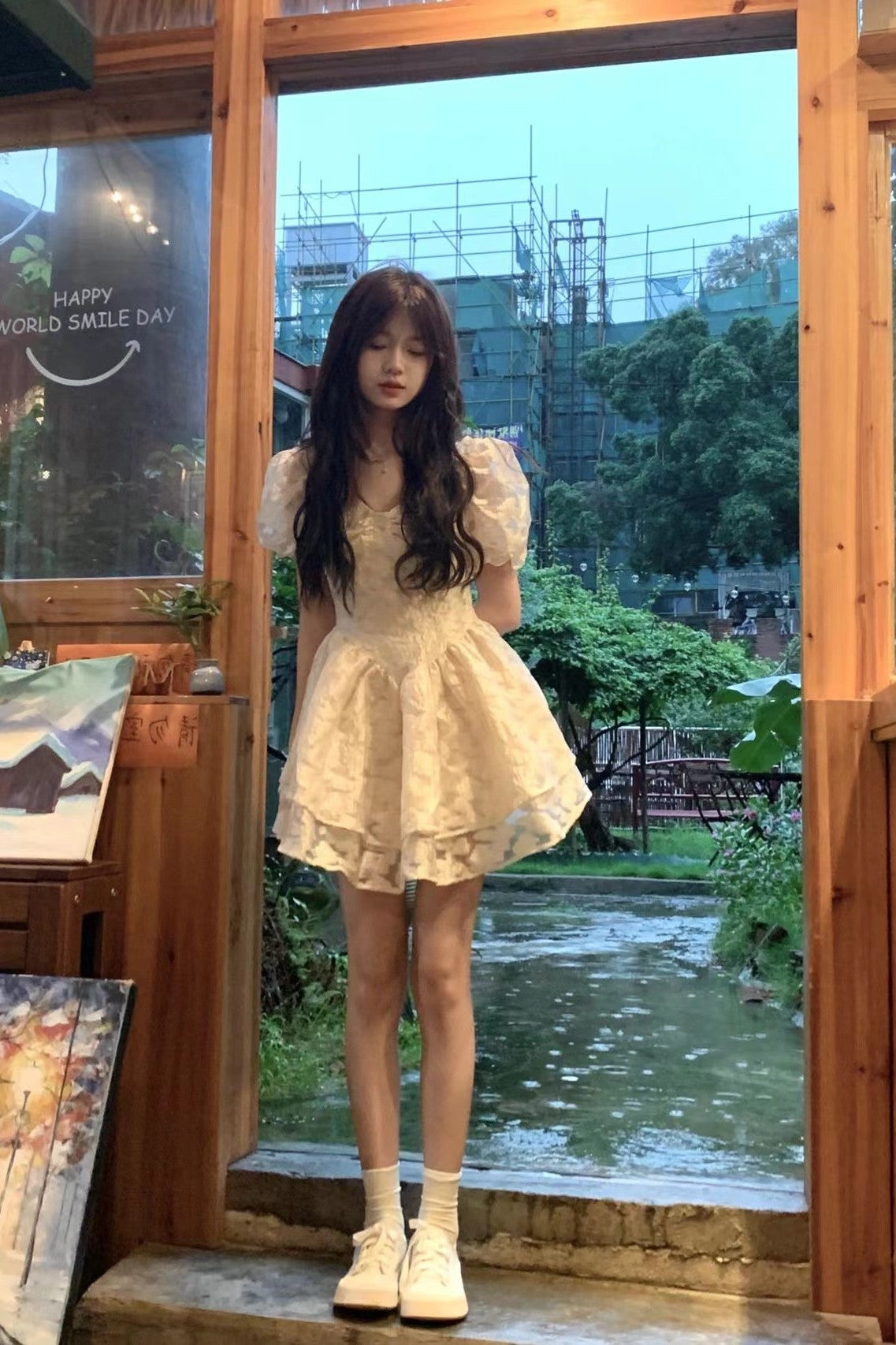 Tulle Trimmed Double Layers Short Sleeve Cute Skirt Student Ball Gown Short Dress AP0547