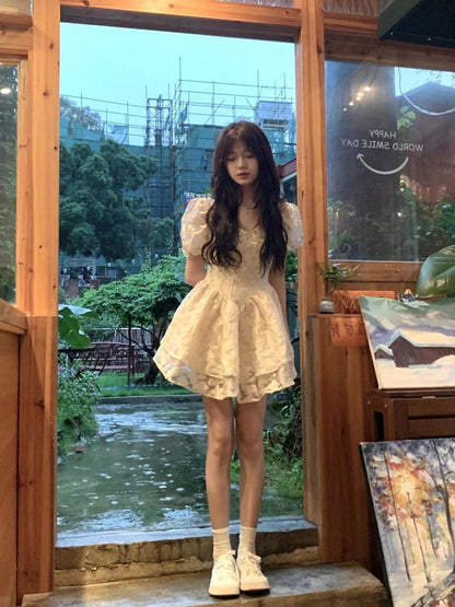 Tulle Trimmed Double Layers Short Sleeve Cute Skirt Student Ball Gown Short Dress AP0547