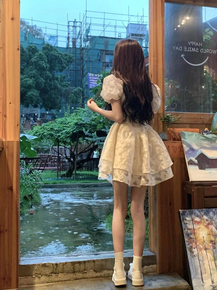 Tulle Trimmed Double Layers Short Sleeve Cute Skirt Student Ball Gown Short Dress AP0547