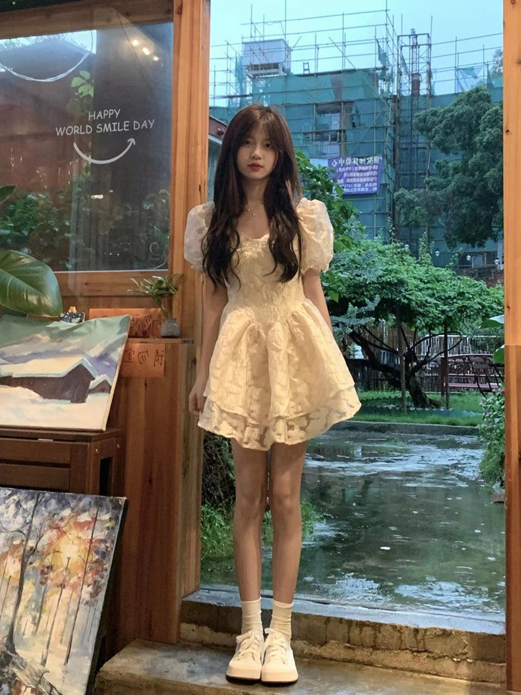 Tulle Trimmed Double Layers Short Sleeve Cute Skirt Student Ball Gown Short Dress AP0547