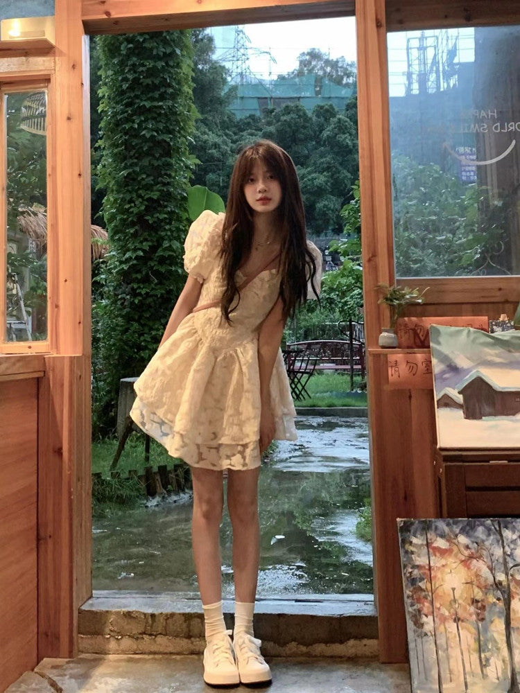 Tulle Trimmed Double Layers Short Sleeve Cute Skirt Student Ball Gown Short Dress AP0547