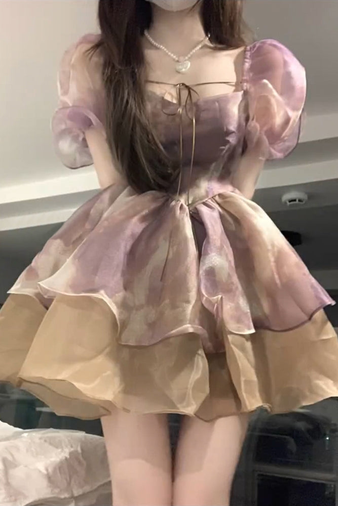 Charming Double Layers Puff Sleeve Skirt Tulle Trimmed Ruffles Ball Gown Short Dress AP0548