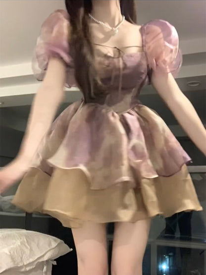 Charming Double Layers Puff Sleeve Skirt Tulle Trimmed Ruffles Ball Gown Short Dress AP0548