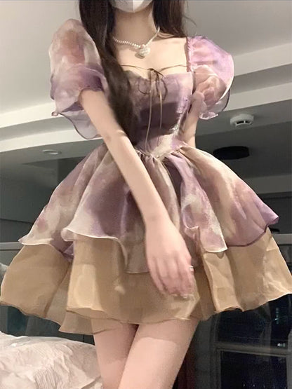 Charming Double Layers Puff Sleeve Skirt Tulle Trimmed Ruffles Ball Gown Short Dress AP0548