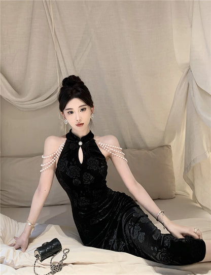 Pearl Ornaments Sheath Cheongsam Long Dress Hollow-Out Sleeveless Floral Print Halter Long Dress AP0551