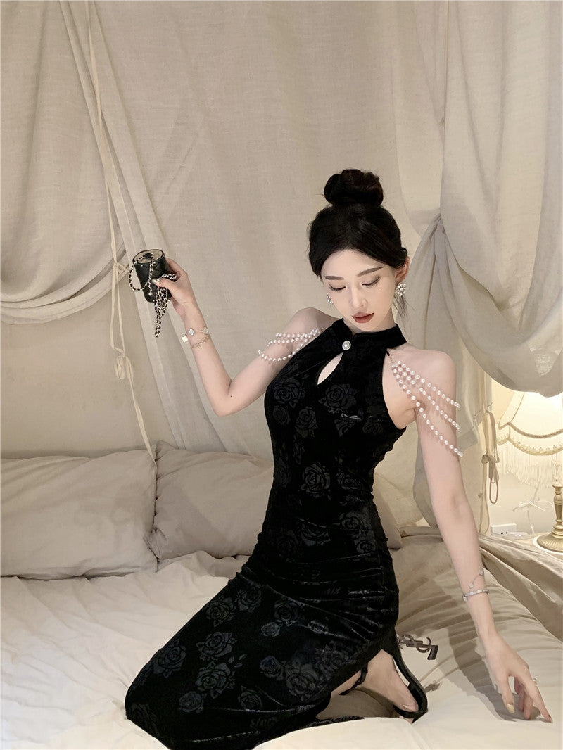 Pearl Ornaments Sheath Cheongsam Long Dress Hollow-Out Sleeveless Floral Print Halter Long Dress AP0551