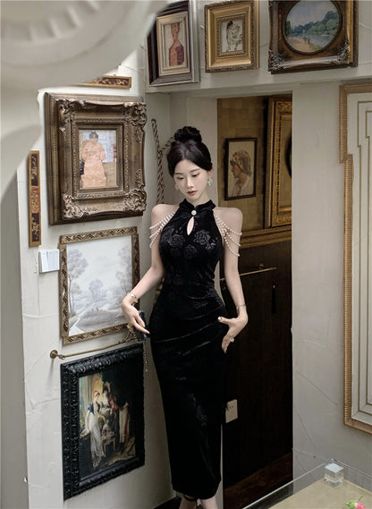 Pearl Ornaments Sheath Cheongsam Long Dress Hollow-Out Sleeveless Floral Print Halter Long Dress AP0551