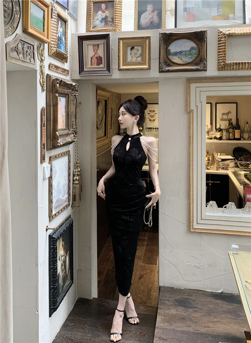 Pearl Ornaments Sheath Cheongsam Long Dress Hollow-Out Sleeveless Floral Print Halter Long Dress AP0551