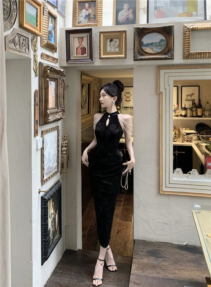 Pearl Ornaments Sheath Cheongsam Long Dress Hollow-Out Sleeveless Floral Print Halter Long Dress AP0551