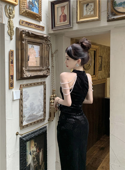 Pearl Ornaments Sheath Cheongsam Long Dress Hollow-Out Sleeveless Floral Print Halter Long Dress AP0551