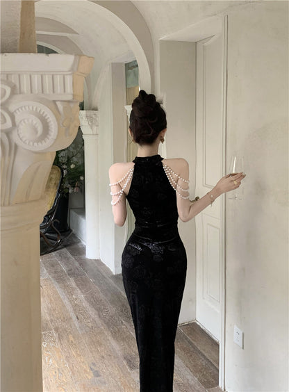 Pearl Ornaments Sheath Cheongsam Long Dress Hollow-Out Sleeveless Floral Print Halter Long Dress AP0551