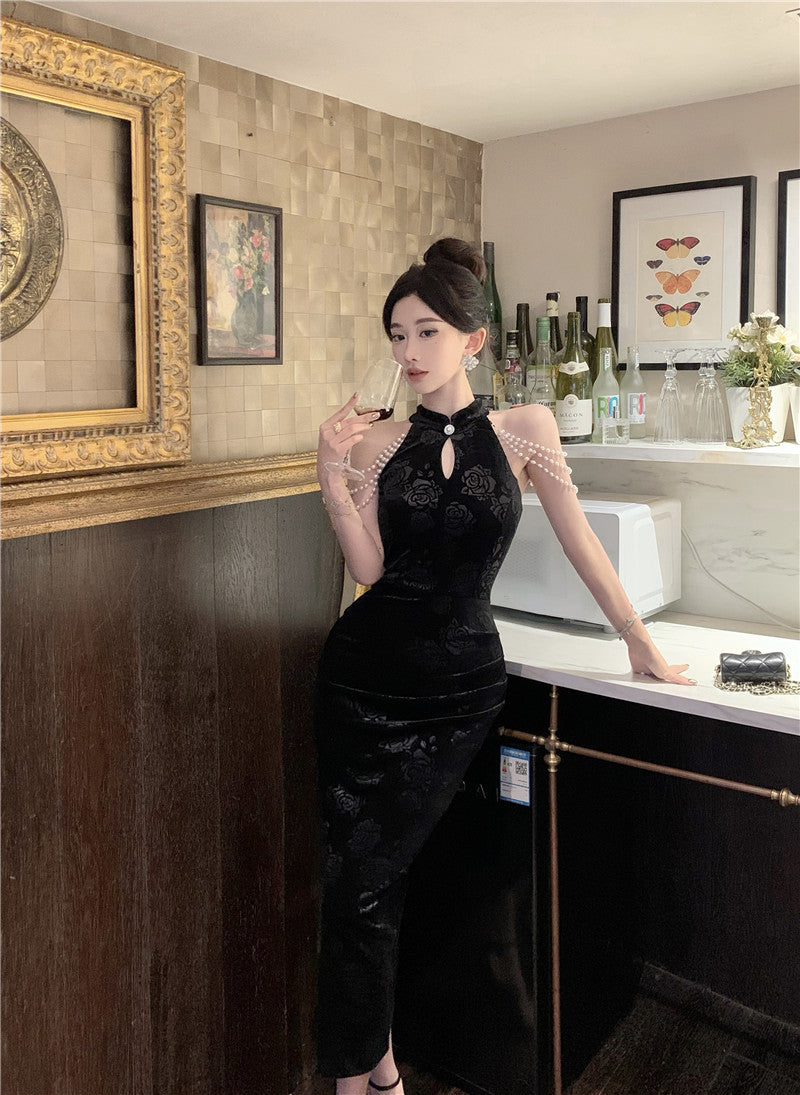 Pearl Ornaments Sheath Cheongsam Long Dress Hollow-Out Sleeveless Floral Print Halter Long Dress AP0551