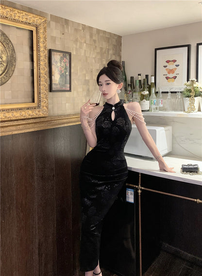 Pearl Ornaments Sheath Cheongsam Long Dress Hollow-Out Sleeveless Floral Print Halter Long Dress AP0551