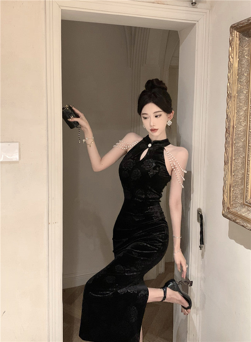 Pearl Ornaments Sheath Cheongsam Long Dress Hollow-Out Sleeveless Floral Print Halter Long Dress AP0551