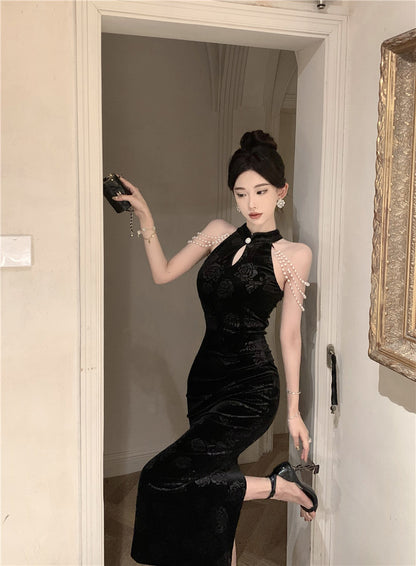 Pearl Ornaments Sheath Cheongsam Long Dress Hollow-Out Sleeveless Floral Print Halter Long Dress AP0551