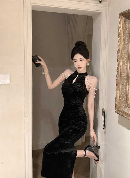 Pearl Ornaments Sheath Cheongsam Long Dress Hollow-Out Sleeveless Floral Print Halter Long Dress AP0551