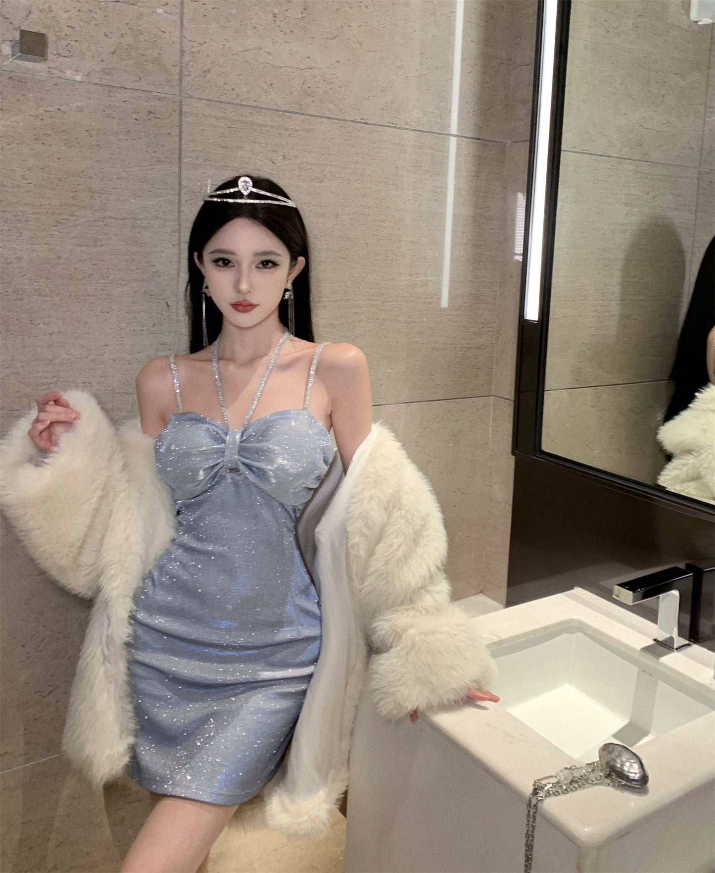 Lustrous Fabric Party Princess Halter Short Skirt Backless Hugging Short Dress AP0552