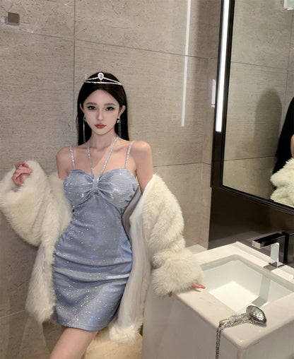 Lustrous Fabric Party Princess Halter Short Skirt Backless Hugging Short Dress AP0552