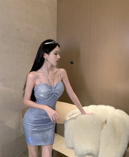 Lustrous Fabric Party Princess Halter Short Skirt Backless Hugging Short Dress AP0552