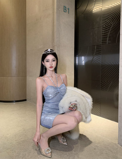 Lustrous Fabric Party Princess Halter Short Skirt Backless Hugging Short Dress AP0552