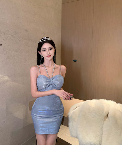 Lustrous Fabric Party Princess Halter Short Skirt Backless Hugging Short Dress AP0552