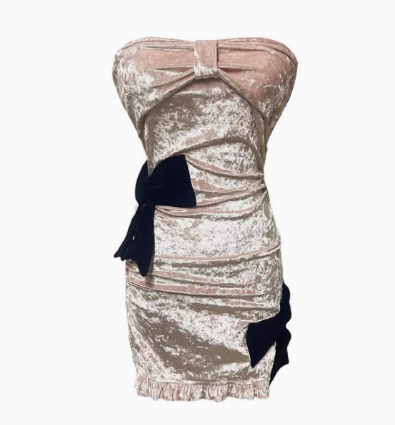 Charming Velvet Strapless Lustrous Mini Skirt Bow-Knot Hip-Hugging Short Dress AP0554