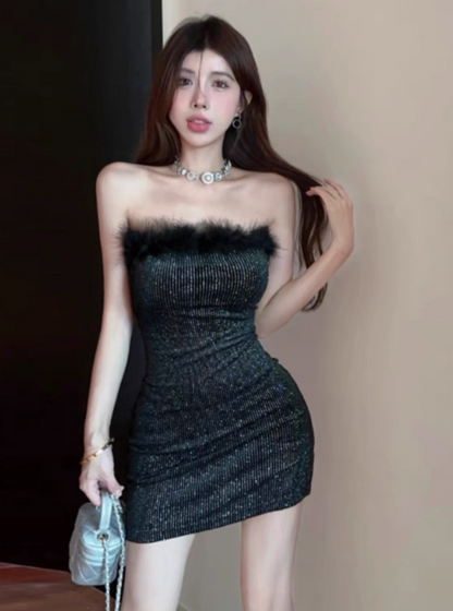 Lustrous Breathable Fabric Strapless Mini Skirt Feather Verge Hip-Hugging Short Dress AP0555