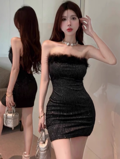 Lustrous Breathable Fabric Strapless Mini Skirt Feather Verge Hip-Hugging Short Dress AP0555