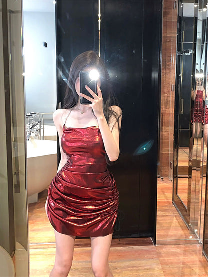 Lustrous Fabric Gathered Sheath Short Dress Sleeveless Flattering Halter Mini Dress AP0556