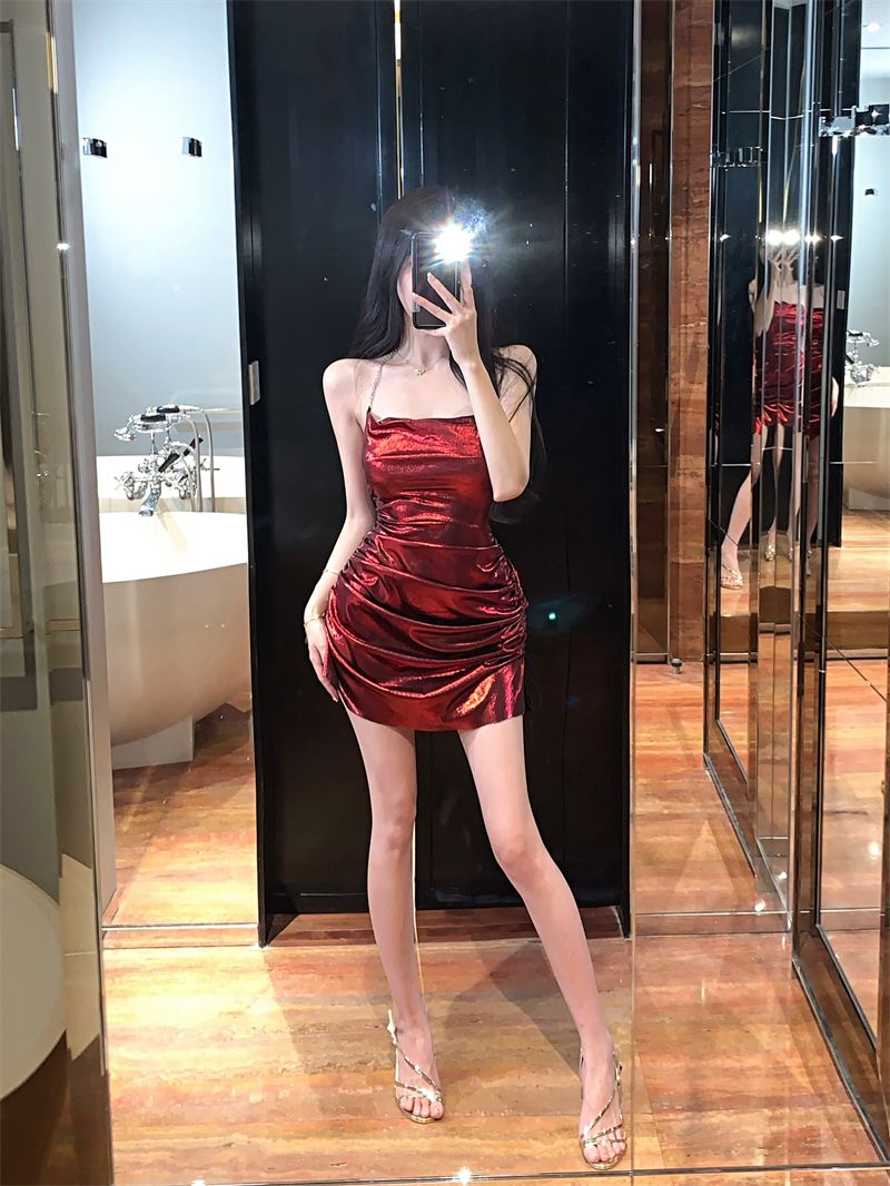 Lustrous Fabric Gathered Sheath Short Dress Sleeveless Flattering Halter Mini Dress AP0556