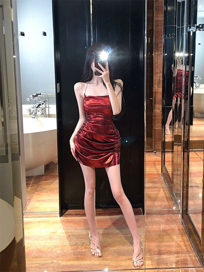 Lustrous Fabric Gathered Sheath Short Dress Sleeveless Flattering Halter Mini Dress AP0556