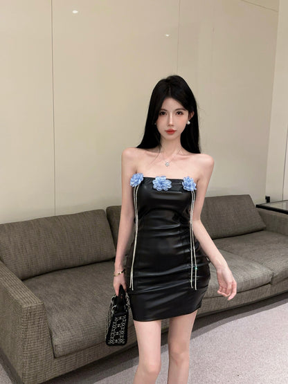 Floral Tassel Ornament Strapless Mini Skirt Leather Texture Hip-Hugging Short Dress AP0557