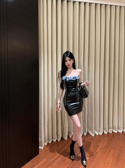 Floral Tassel Ornament Strapless Mini Skirt Leather Texture Hip-Hugging Short Dress AP0557