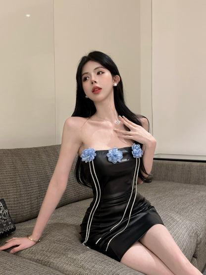 Floral Tassel Ornament Strapless Mini Skirt Leather Texture Hip-Hugging Short Dress AP0557