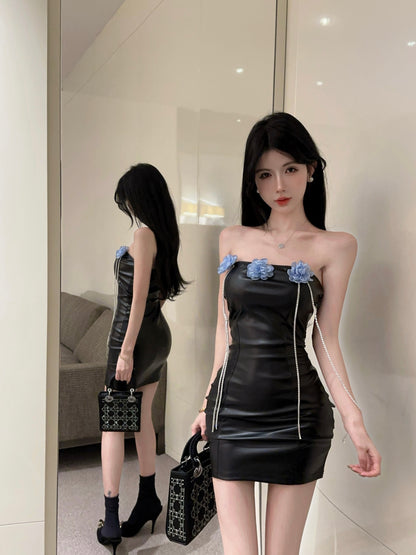 Floral Tassel Ornament Strapless Mini Skirt Leather Texture Hip-Hugging Short Dress AP0557