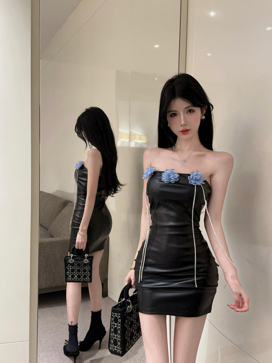 Floral Tassel Ornament Strapless Mini Skirt Leather Texture Hip-Hugging Short Dress AP0557