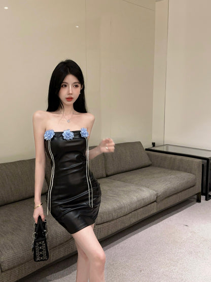 Floral Tassel Ornament Strapless Mini Skirt Leather Texture Hip-Hugging Short Dress AP0557