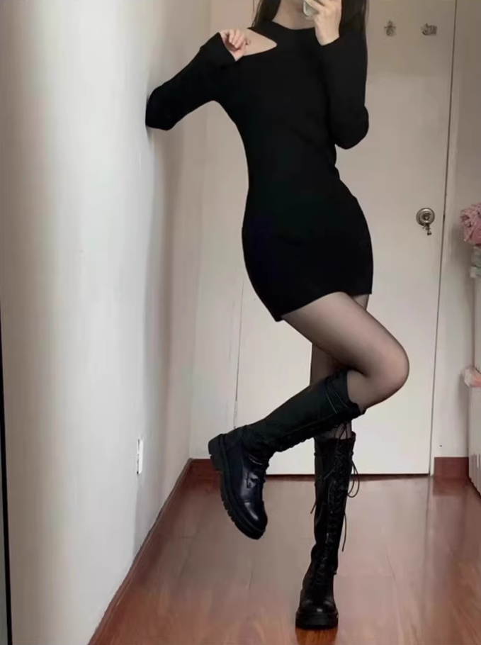 Novelty Breathable One Shoulder  Dress Long Sleeve Waist-Cinching Chic Short Dress AP0558