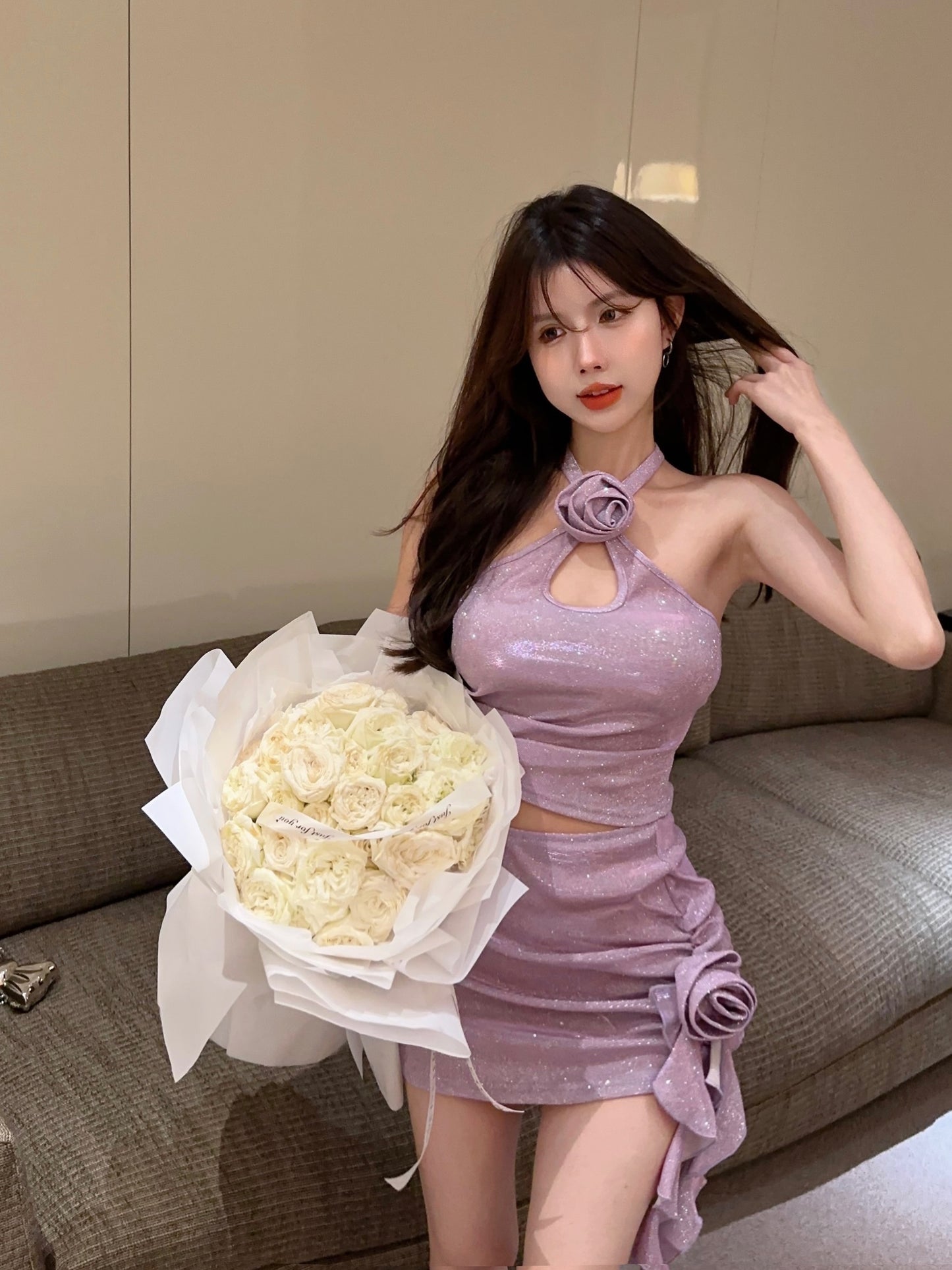 2-Piece Glow Sheath Lustrous Fabric Mini Dress Backless Flattering Halter Short Dress AP0559