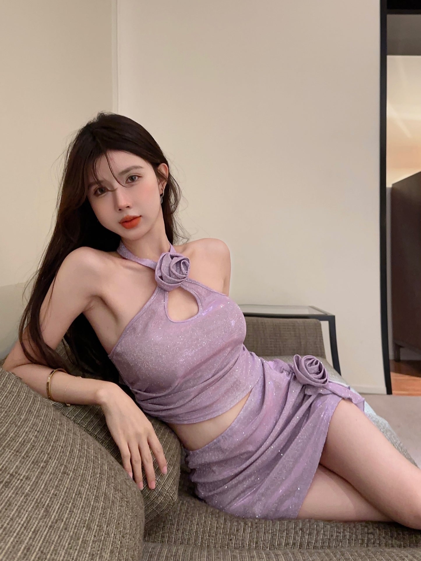 2-Piece Glow Sheath Lustrous Fabric Mini Dress Backless Flattering Halter Short Dress AP0559