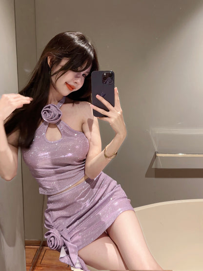 2-Piece Glow Sheath Lustrous Fabric Mini Dress Backless Flattering Halter Short Dress AP0559