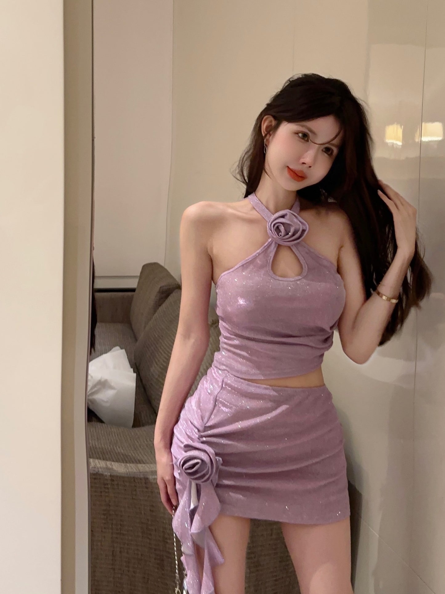 2-Piece Glow Sheath Lustrous Fabric Mini Dress Backless Flattering Halter Short Dress AP0559