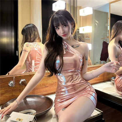 Dopamine-Inspired Glow Fabric Mini Dress One Shoulder Sleeveless Asymmetrical Strap Bodycon Short Dress AP0560