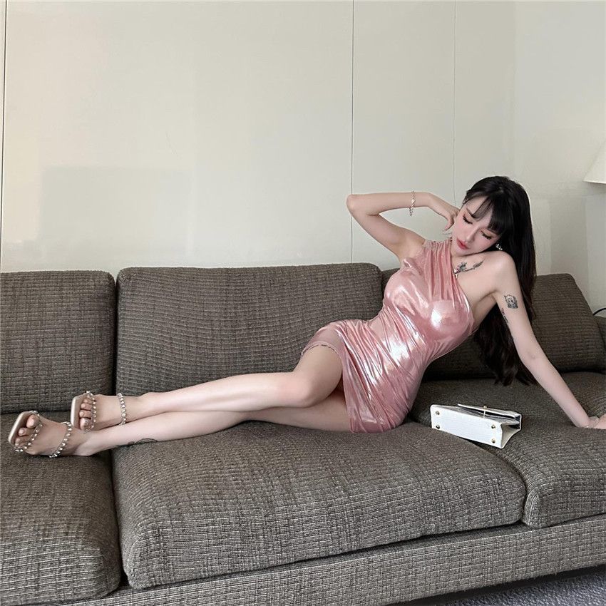 Dopamine-Inspired Glow Fabric Mini Dress One Shoulder Sleeveless Asymmetrical Strap Bodycon Short Dress AP0560