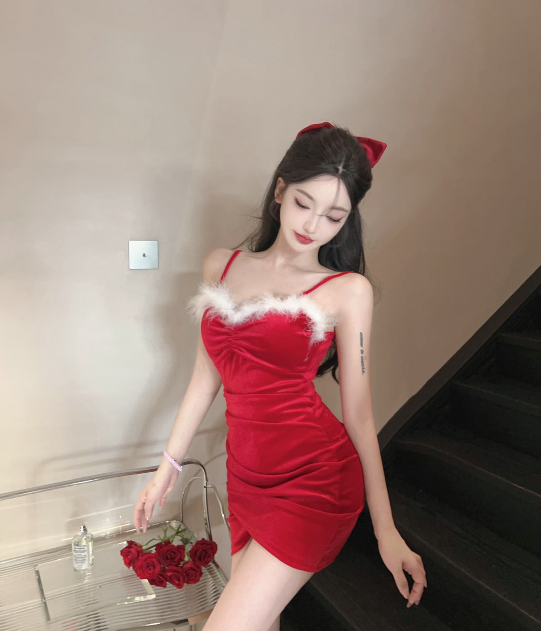 Feather Verge Design Sexy Mini Skirt Asymmetrical Hem Velvet Hugging Short Dress AP0561