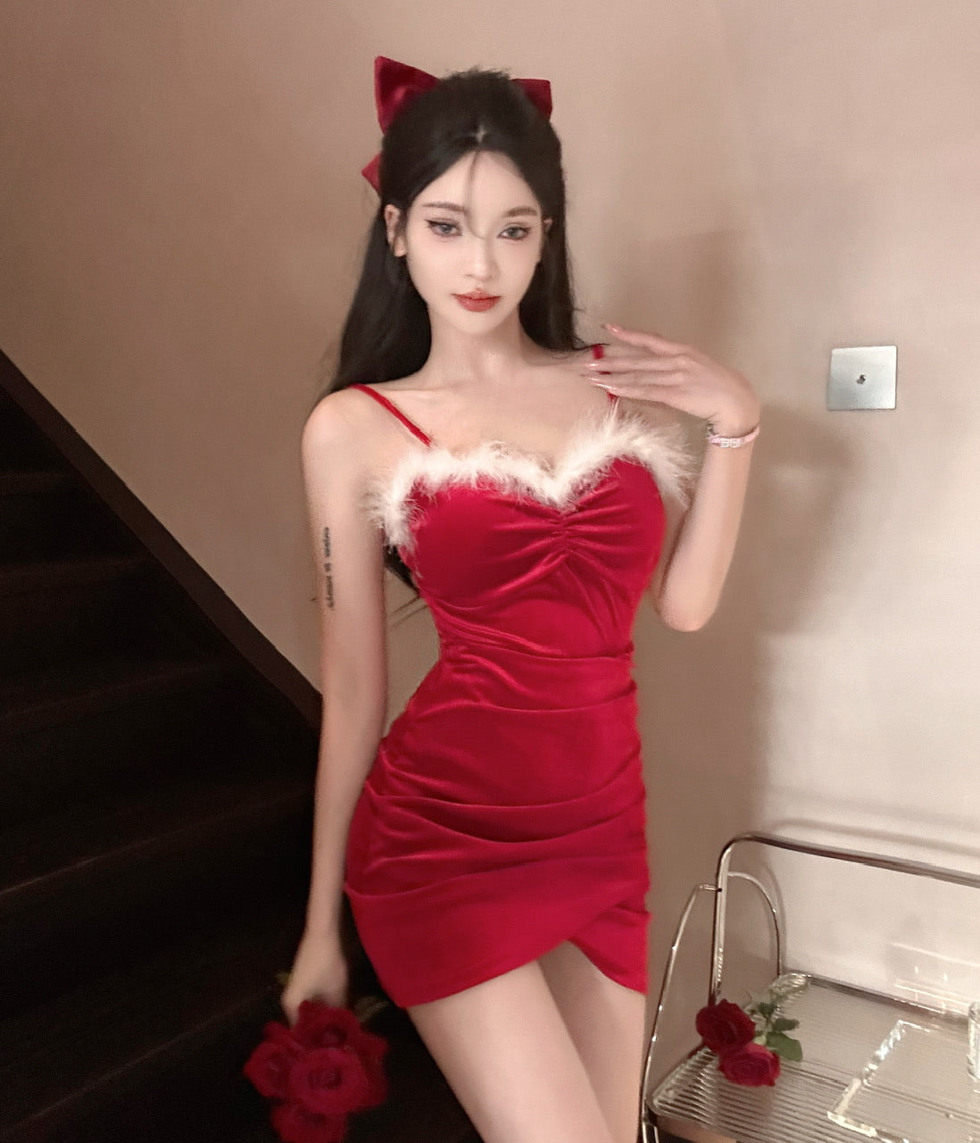 Feather Verge Design Sexy Mini Skirt Asymmetrical Hem Velvet Hugging Short Dress AP0561